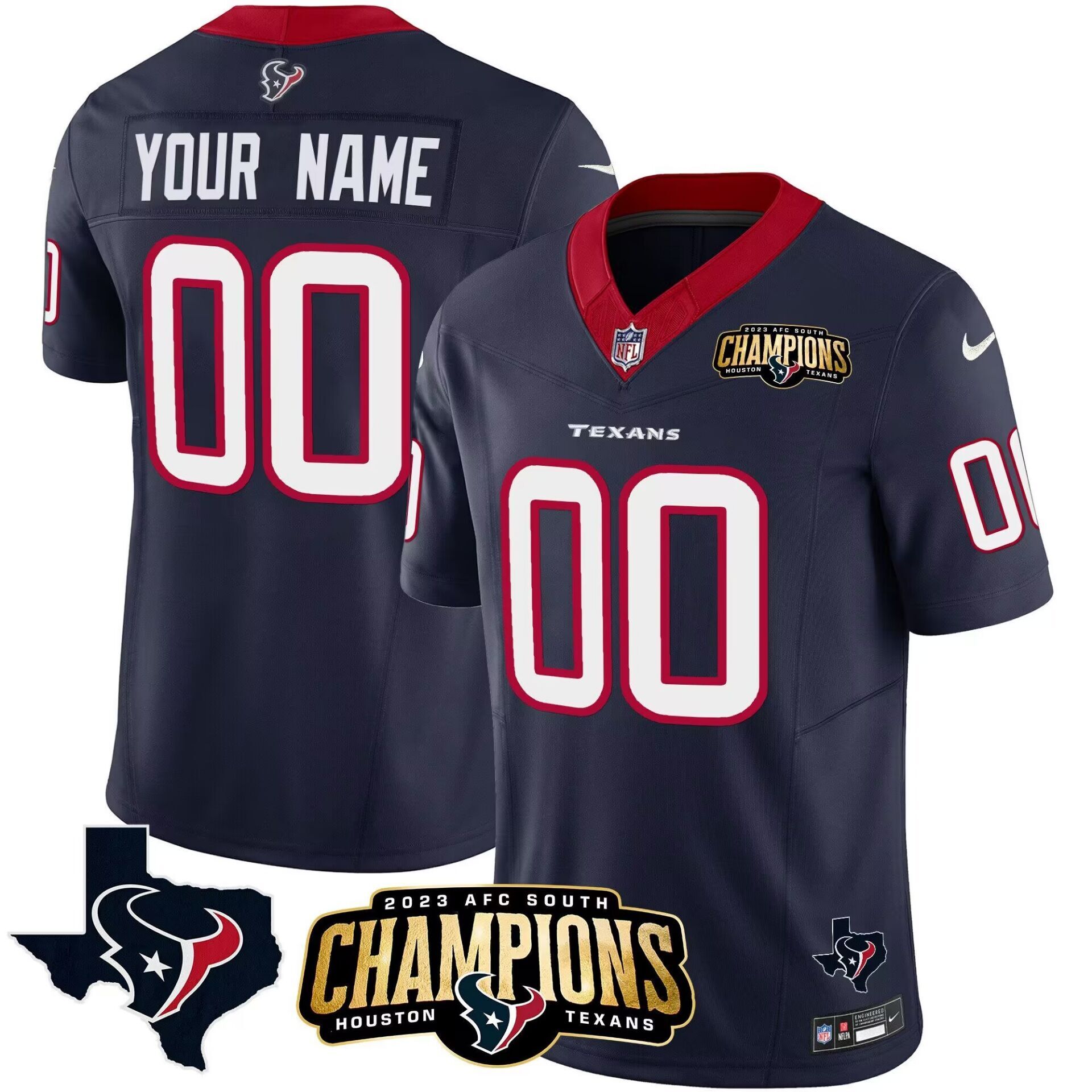Men's Houston Texans Active Player Custom Navy 2023 F.U.S.E. AFC South Champions Patch And Team Logo Patch Limited Football Stitched Jersey